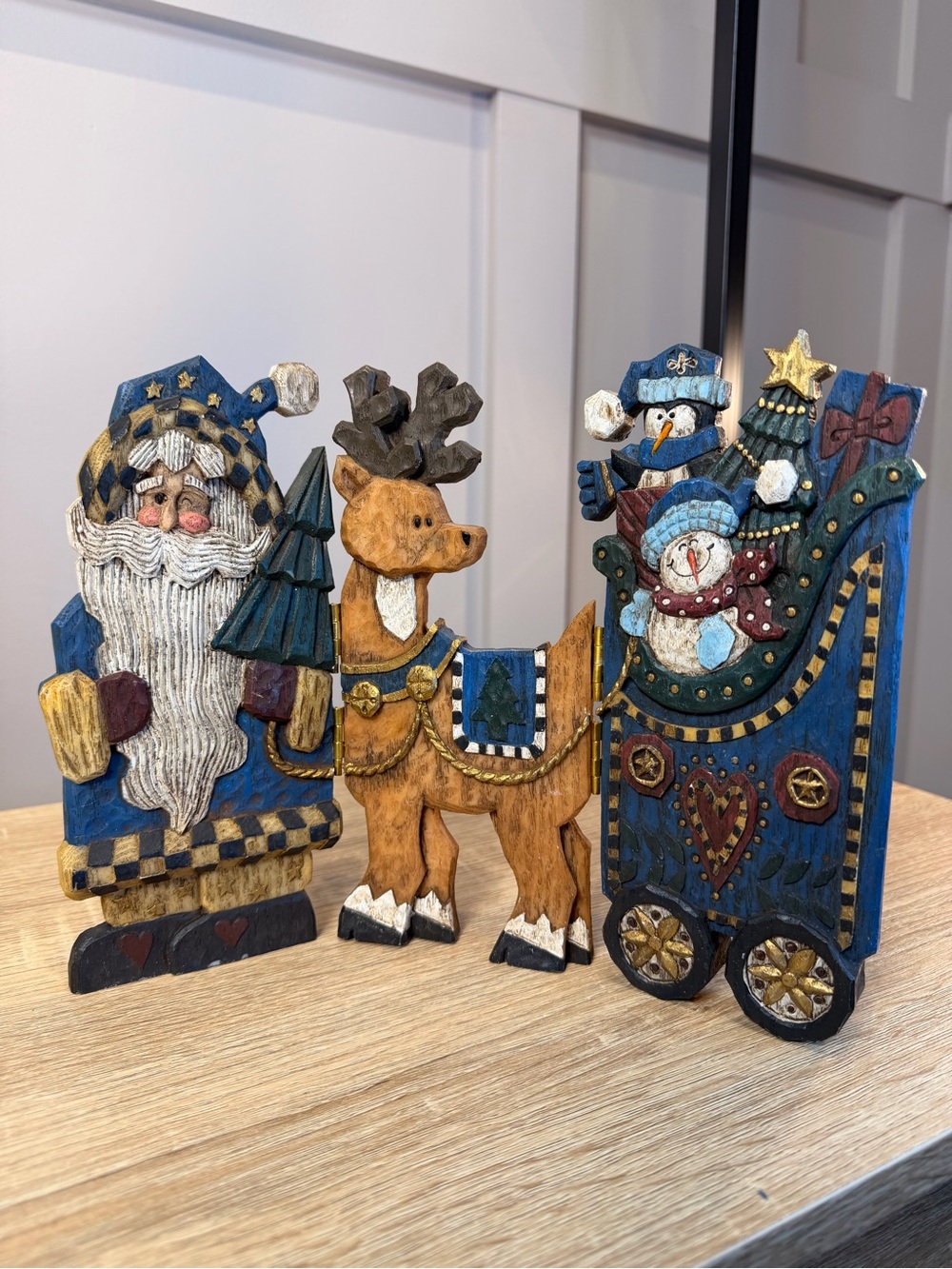Festive Blue & Brown Holiday Figurine Set - Santa Reindeer Sleigh three-panel